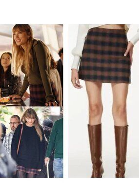 WILFRED Aritzia Classic Mini Skirt in Navy Rust Fade Plaid Sz 00